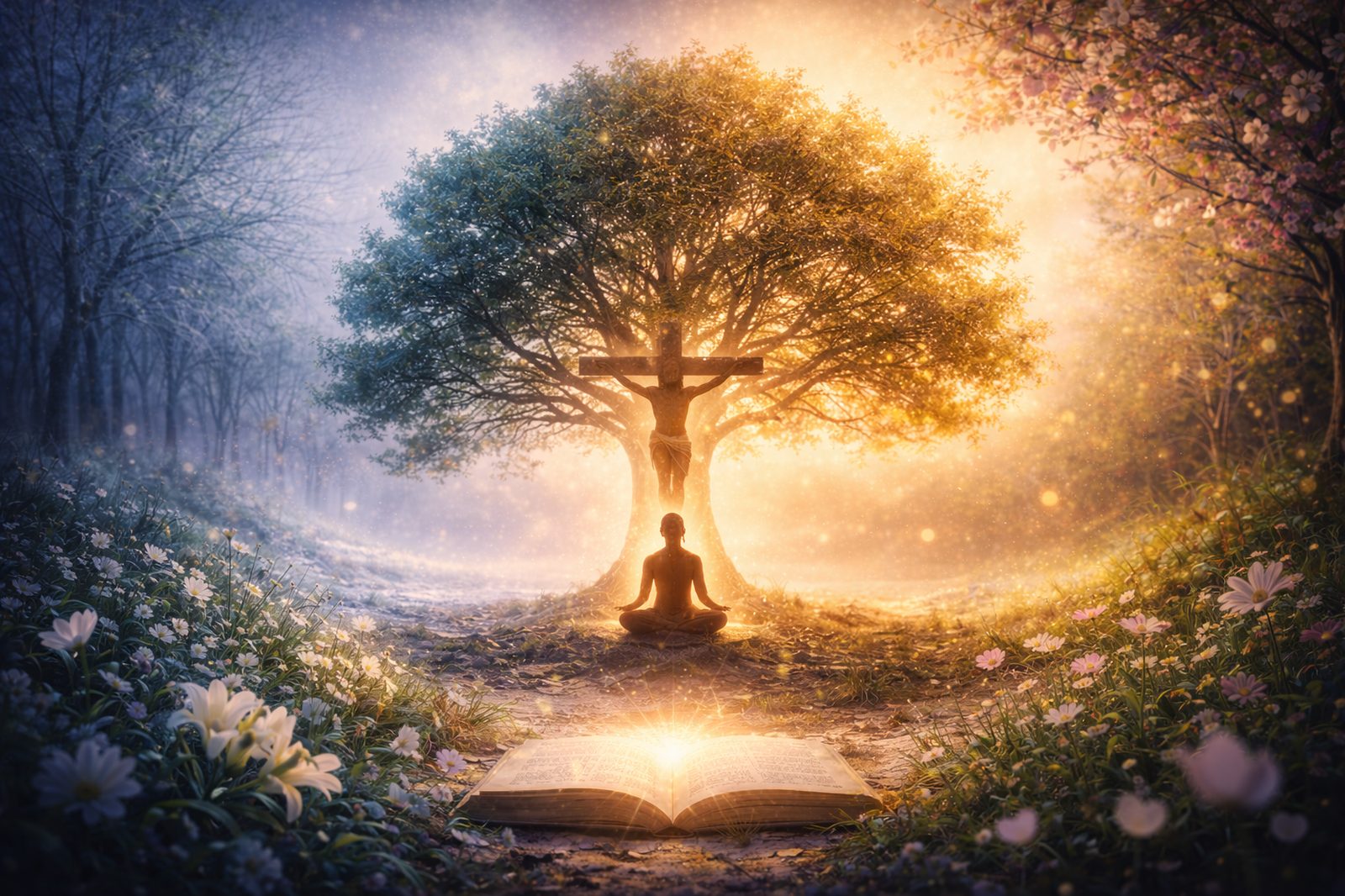 A meditating figure beneath a glowing tree with Jesus subtly on the cross behind it, symbolizing silence, suffering, and spiritual awakening.