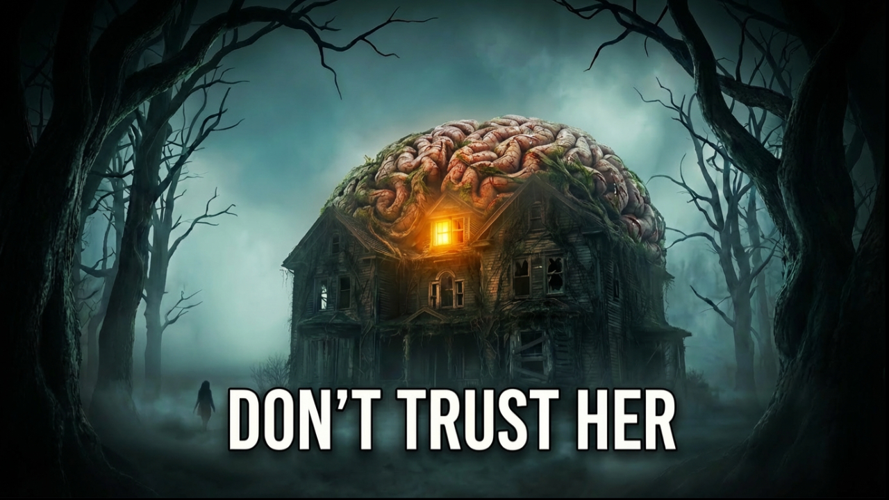 AMNESIA psychological horror sci-fi film featuring a dark house shaped like a human brain with a glowing window in a foggy forest and the warning text “Don’t Trust Her.”