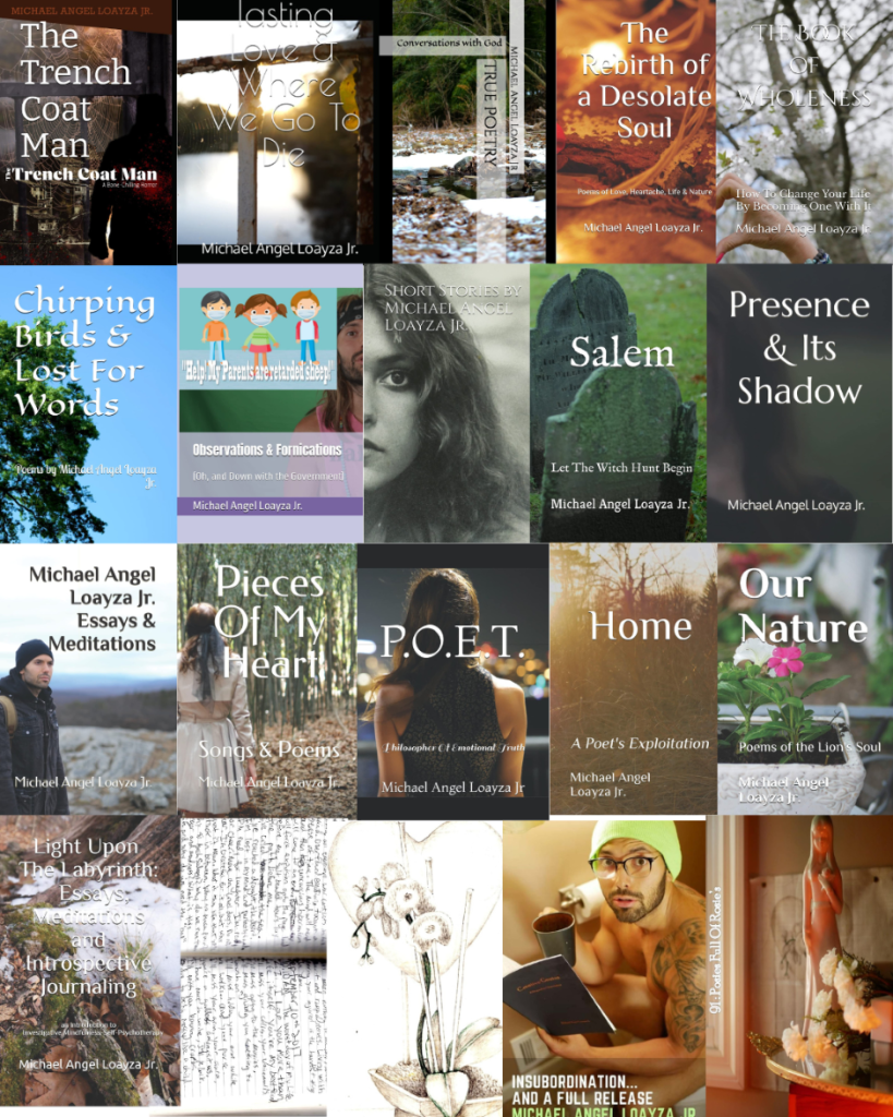 Collage of book covers by author Michael Angel Loayza Jr including poetry and horror titles