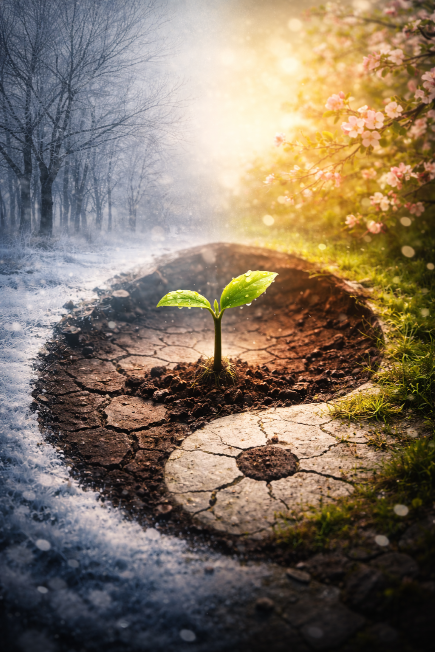 A sprouting seed at the meeting point of winter and spring, symbolizing cyclic rebirth, grief, and spiritual transformation.