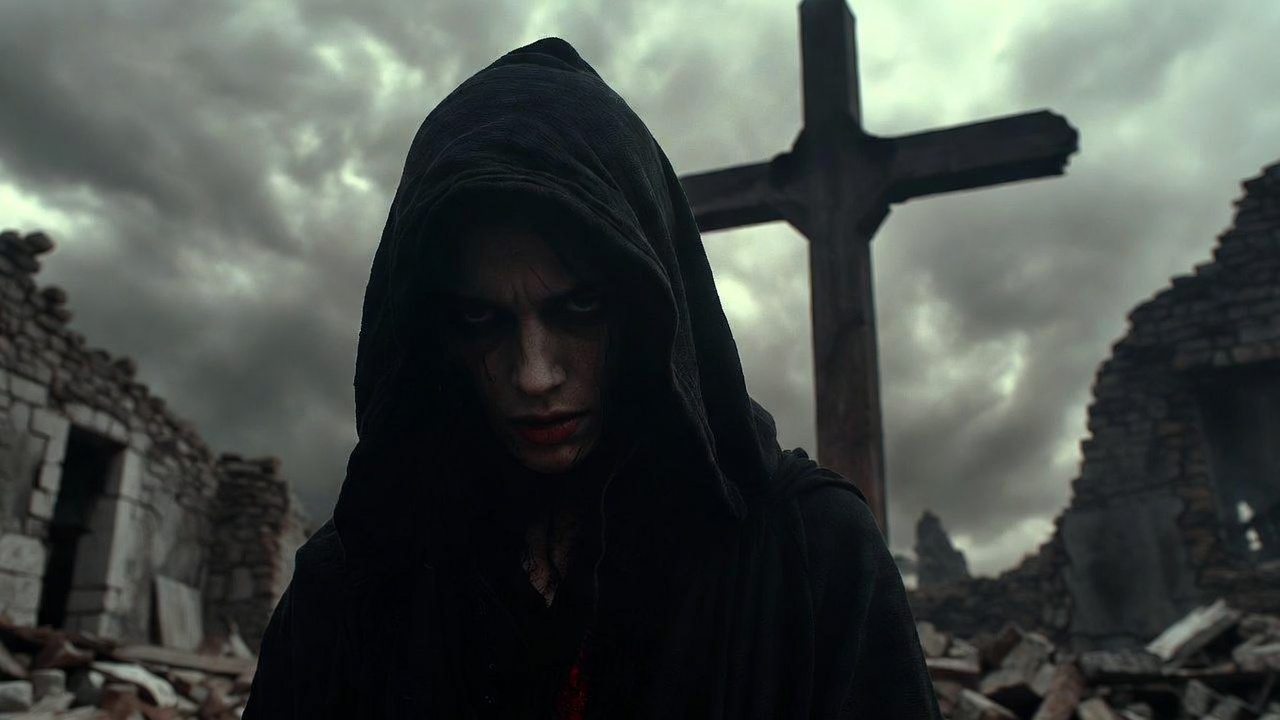 Brooding hooded figure standing in ruins before a wooden cross under stormy sky, symbolizing apostolic abandonment, heavy guilt, and the death of Christianity