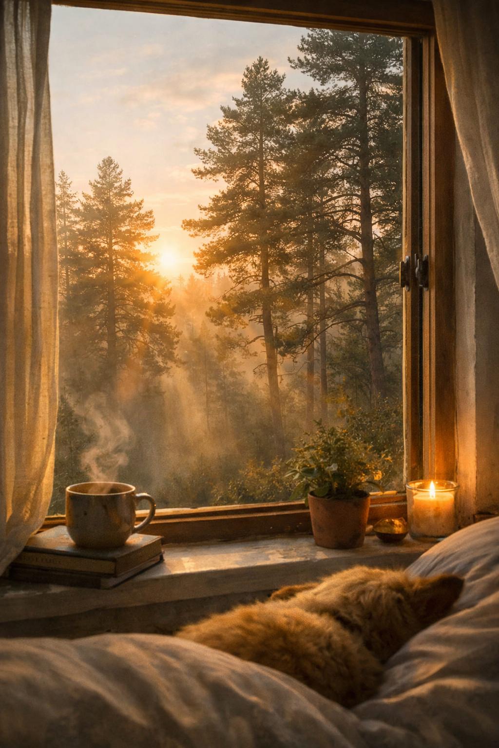 “Morning light through pine forest in a bedroom window”