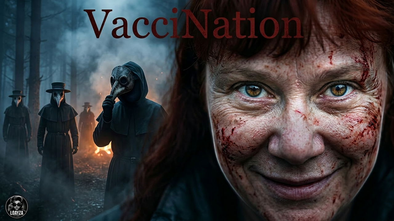 VacciNation The Plague psychological horror movie featuring a blood-covered woman smiling with plague doctors in a dark forest